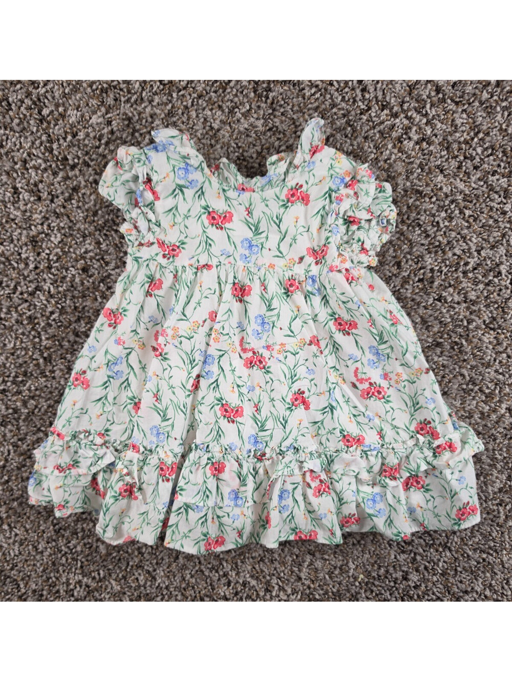 Janie & Jack Baby Girls Sz 6-12M Ruffled Floral Dress White Pink Short Sleeve